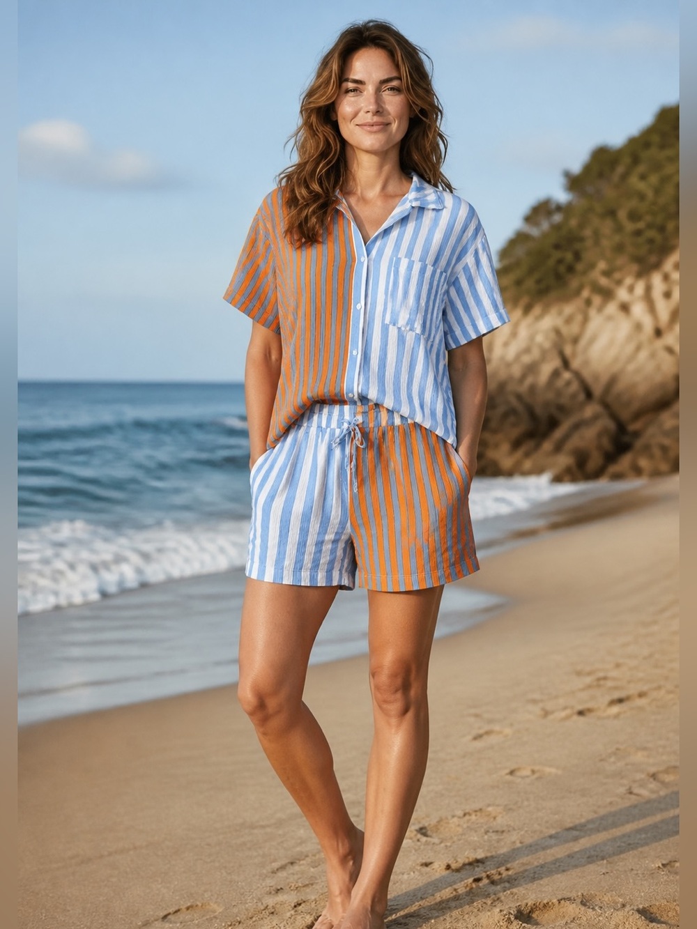 Roxy Shorts and oversized top set with blue and orange stripe‎